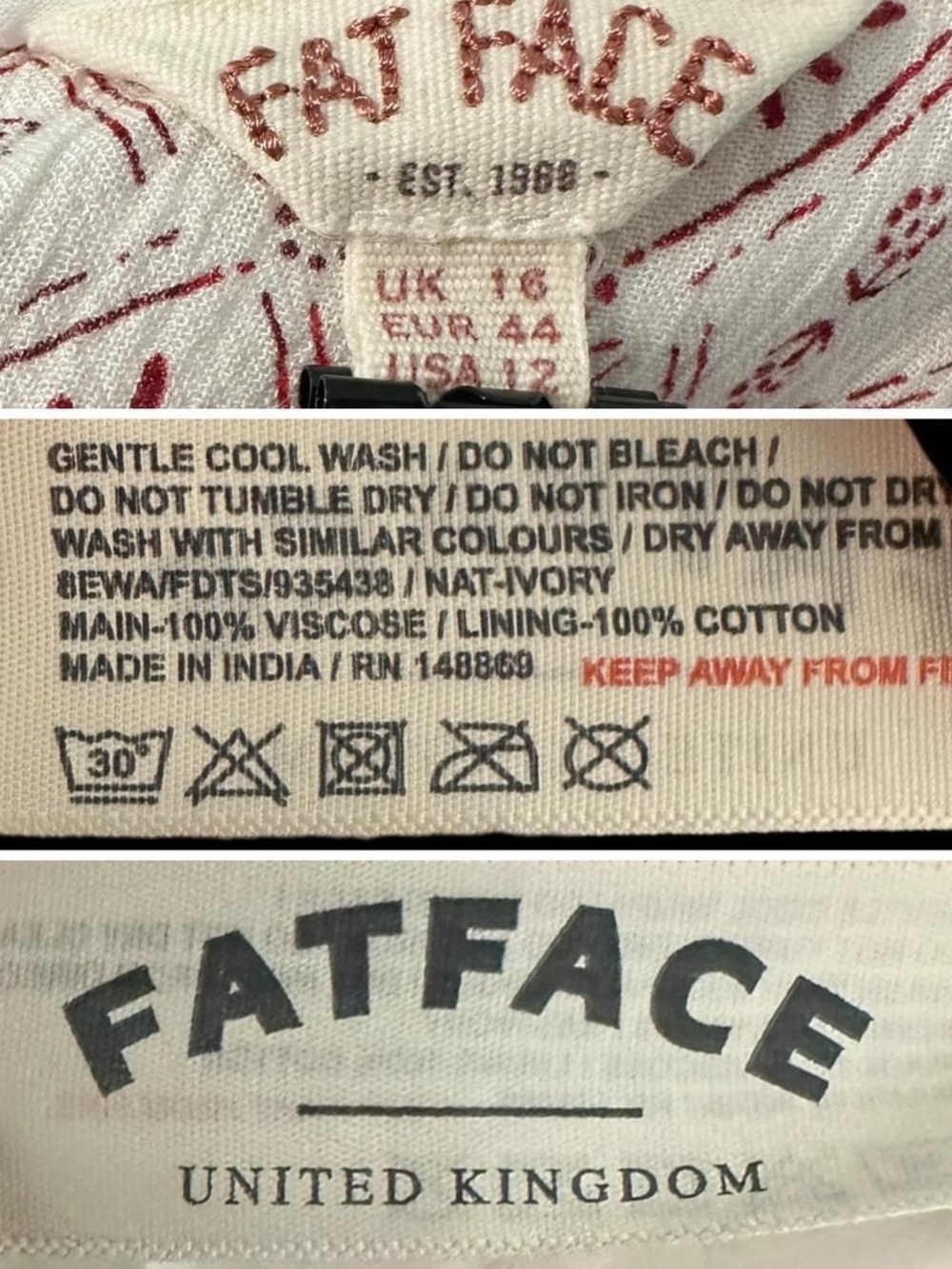 Fatface White & Red Batik Pattern Shirred Smock Midi Dress 12 Us/16 Uk Sundress View 5